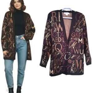 VTG 90s Brown Fall Alphabet Knit In Oversized Cardigan Sweater Small